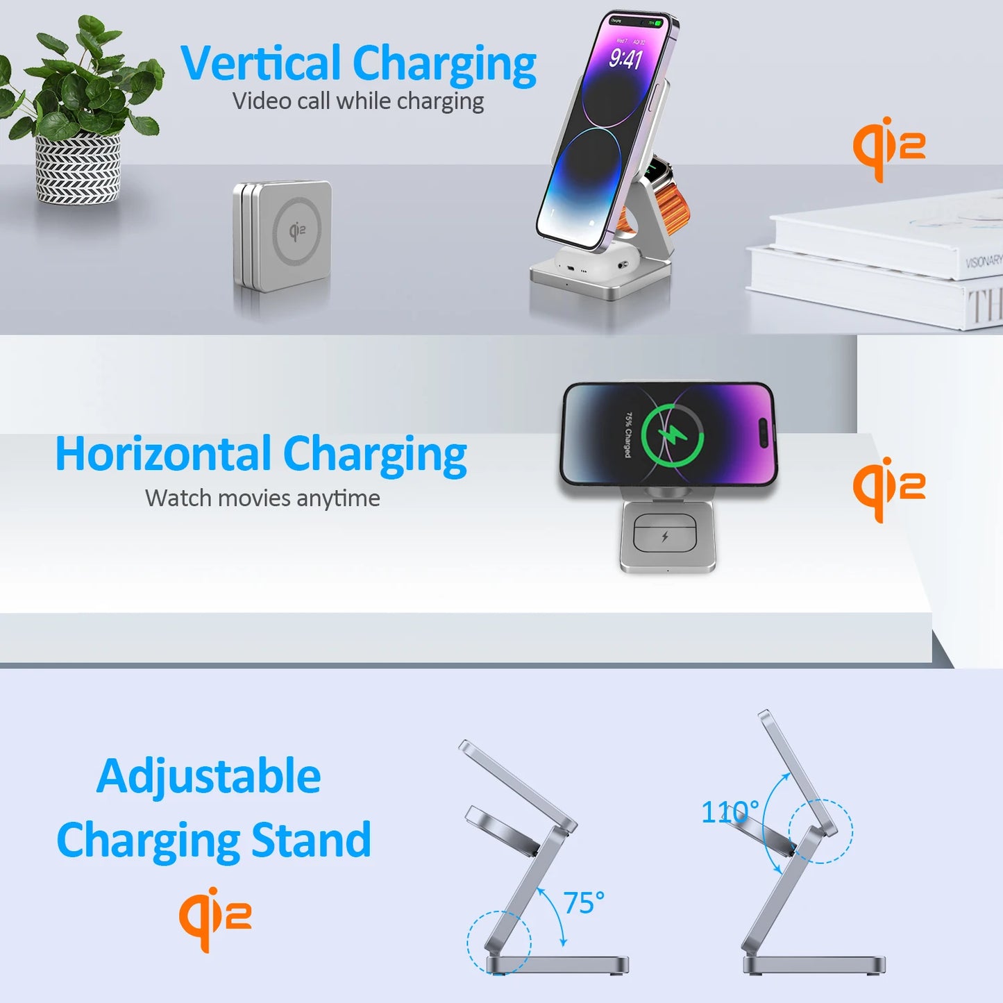 3-in-1 15W Magnetic Wireless Charger – Fast Charging Foldable Stand for iPhone 16/15/14/13, Apple Watch, and AirPods