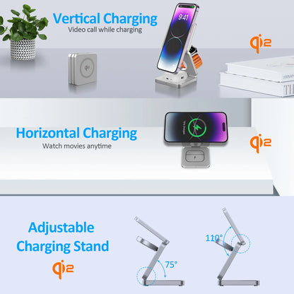 3-in-1 15W Magnetic Wireless Charger – Fast Charging Foldable Stand for iPhone 16/15/14/13, Apple Watch, and AirPods