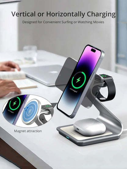 3-in-1 Magnetic Wireless Charger - 30W Charging Station for iPhone 15/14/13/12 Pro Max, Apple Watch, and AirPods Pro