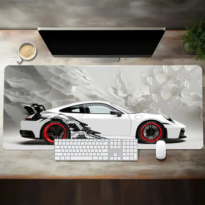 Large White Sports Car Design Gaming Mouse Pad