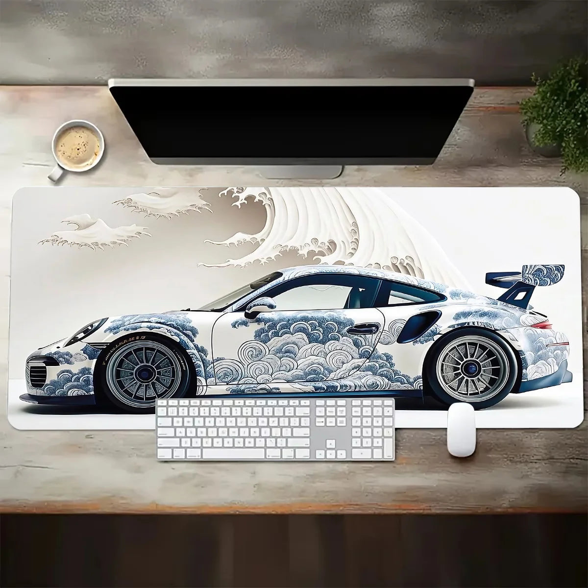 Large White Sports Car Design Gaming Mouse Pad