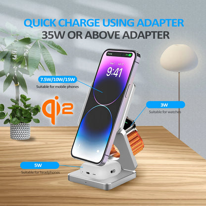 3-in-1 15W Magnetic Wireless Charger – Fast Charging Foldable Stand for iPhone 16/15/14/13, Apple Watch, and AirPods