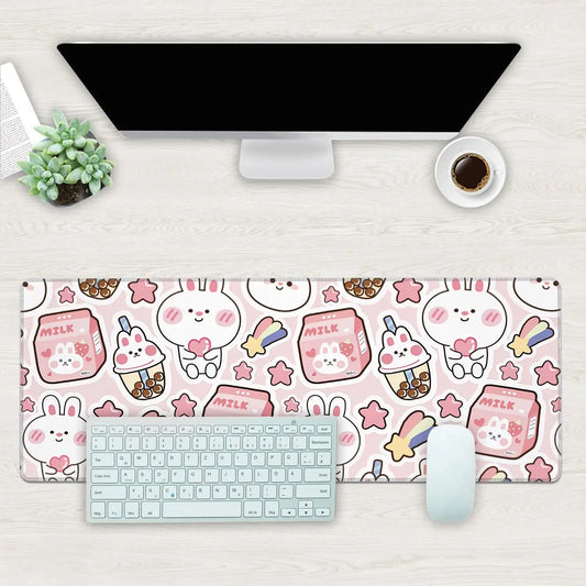 Pink Kawaii Rabbit Gaming Mouse Pad – Large 80x30 cm with Non-Slip Base and Stitched Edge for Home, Office, and Work