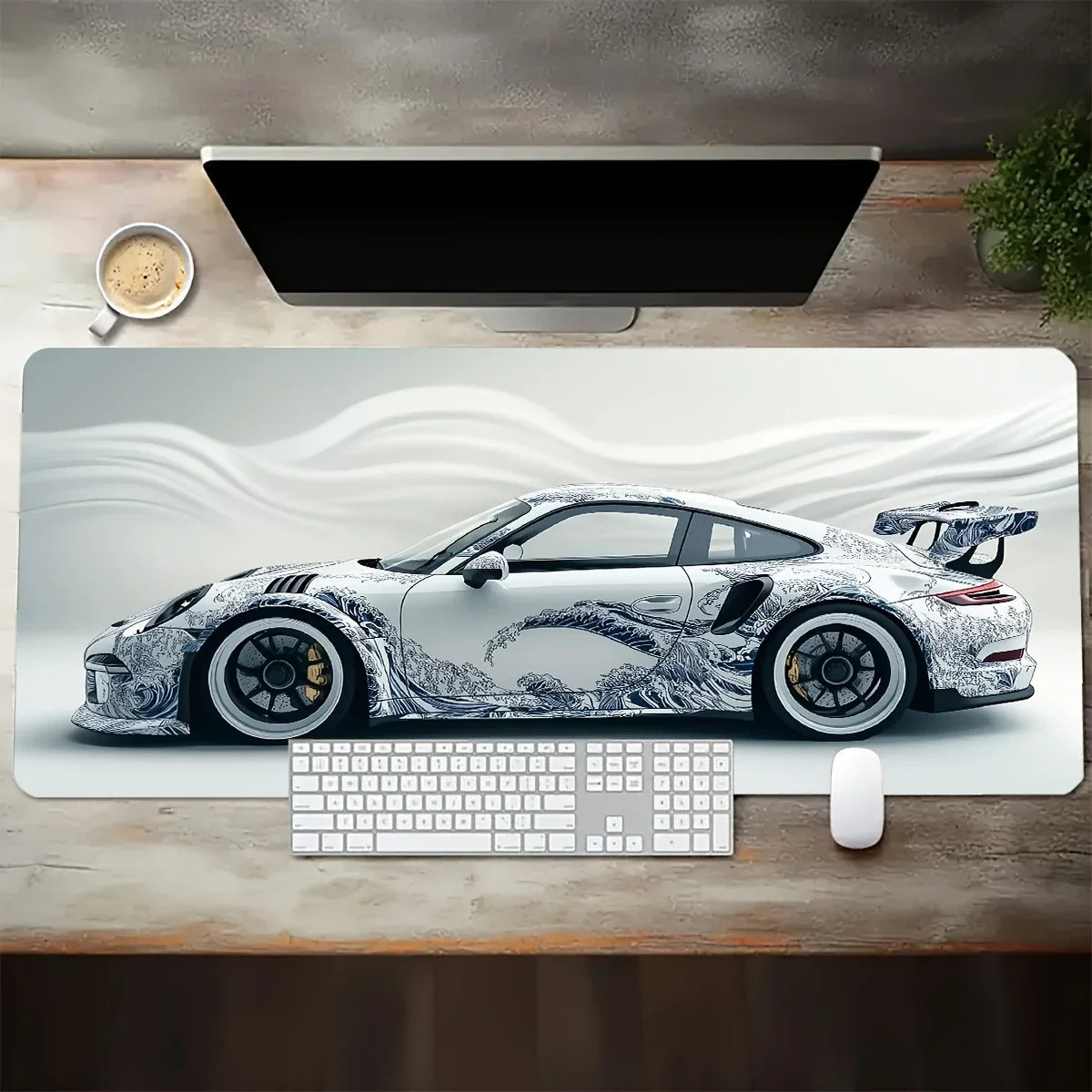 Large White Sports Car Design Gaming Mouse Pad